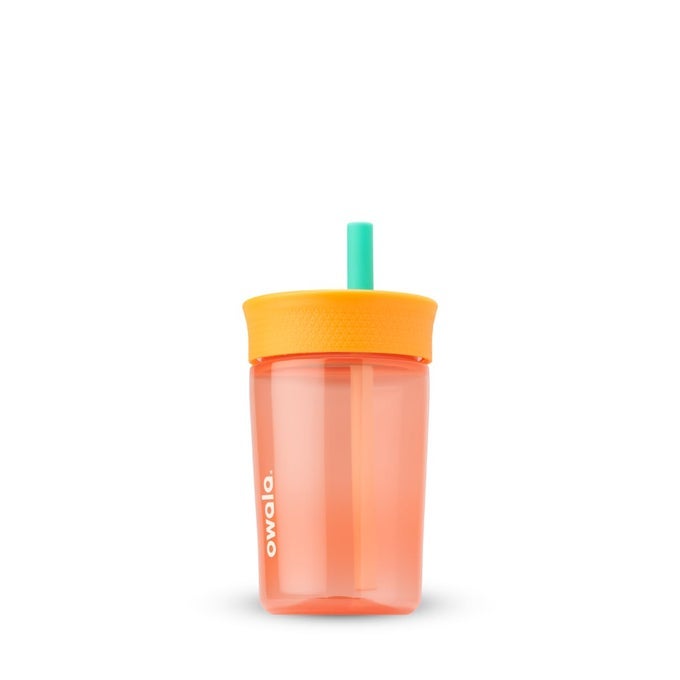 كوب بلاستيكي للأطفال خالي من BPA مع قشة مرنة مقاومة للتسرب سهل التنظيف زجاجة ماء للأطفال رائعة للسفر آمنة في غسالة الصحون 15 أونصة برتقالي وخوخي