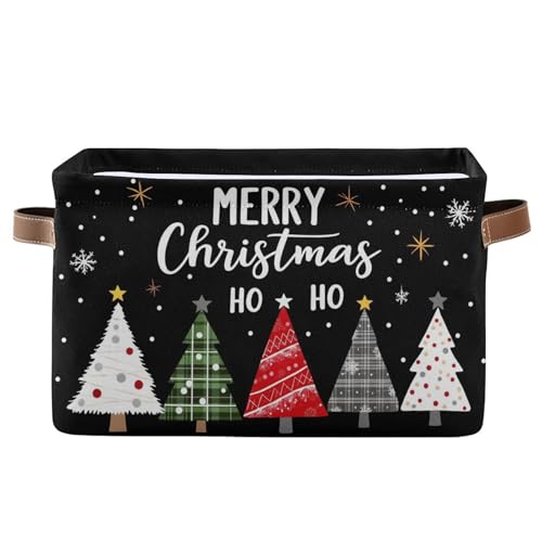 Wamika Merry Christmas Tree Black Storage Basket with Waterproof Liner and PU Handles Winter Snowflake Xmas Storage Bins Boxes 142 Collapsible Decorative Organizer Baskets for Bedroom Closet Office 1 Pack - Image 1