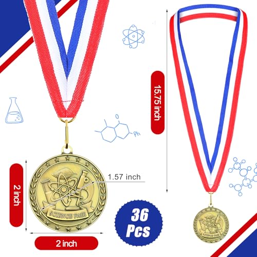 Equsion 36 Pcs 2'' Gold Award Medals Bulk with Neck Ribbons Honor Roll Readers are Leaders Science Fair Bible Cross Winner Prize Gift for Students Graduation Competitions(Science Fair Project) - Image 2