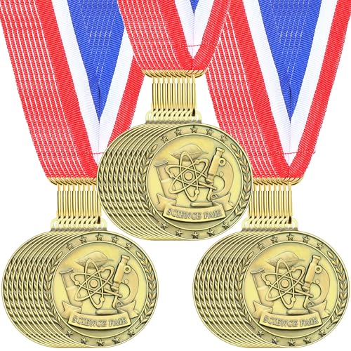 Equsion 36 Pcs 2'' Gold Award Medals Bulk with Neck Ribbons Honor Roll Readers are Leaders Science Fair Bible Cross Winner Prize Gift for Students Graduation Competitions(Science Fair Project) - Image 1