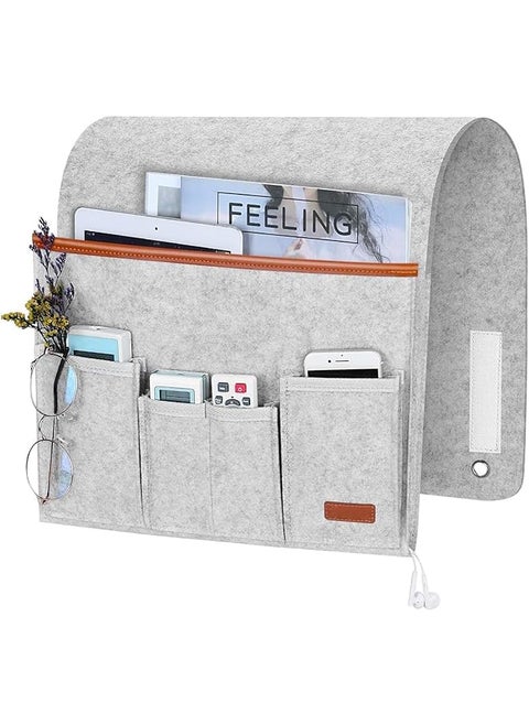 Sofa Armrest Organizer, Hanging Sofa Caddy Storage Bag with Long Flap and Hook, Sofa Remote Control Holder Bag with 5 Pockets for Magazine, Glasses, Tablet, Phone, iPad, Non-Slip