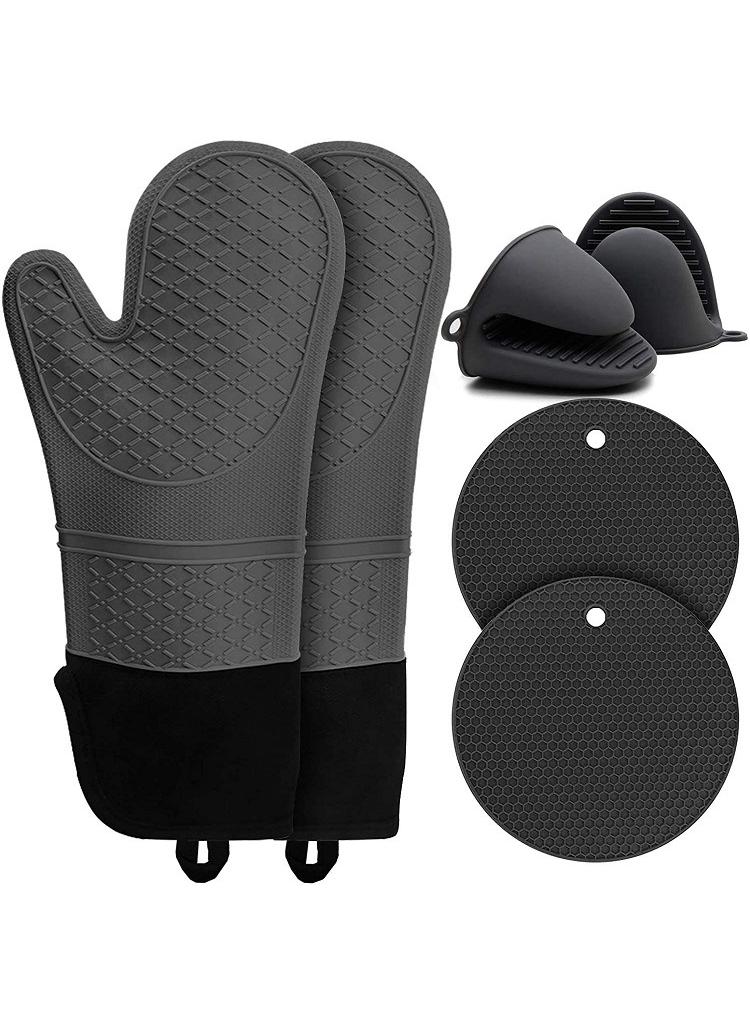 XiuWoo Silicone Oven Mitts and Pot Holders Set, Heat Resistant Mittens with Mini Gloves Hot Pads, for Kitchen Baking Cooking, Quilted Liner, Black,Pack of 6  - Image 1