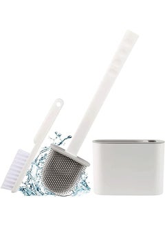 Generic Toilet Brush and Holder, Double Brush Combination Silicone Toilet Bowl Brush Flat Flexible Bristles Deep Cleaning Wall-Mounted Toilet Cleaner Brush for Bathroom (Light Grey)  - Image 1