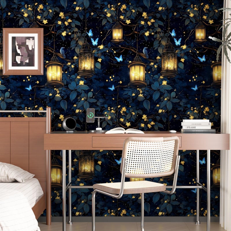 VOLEAAR Extra Long Dark Floral Peel and Stick Wallpaper, 17.5In x 393In Fantasy Wonderland Forest Self-Adhesive Removable Wall Paper for Bedroom Cubicle Cabinet Drawer, Vinyl Contact Paper Black Blue - Image 4