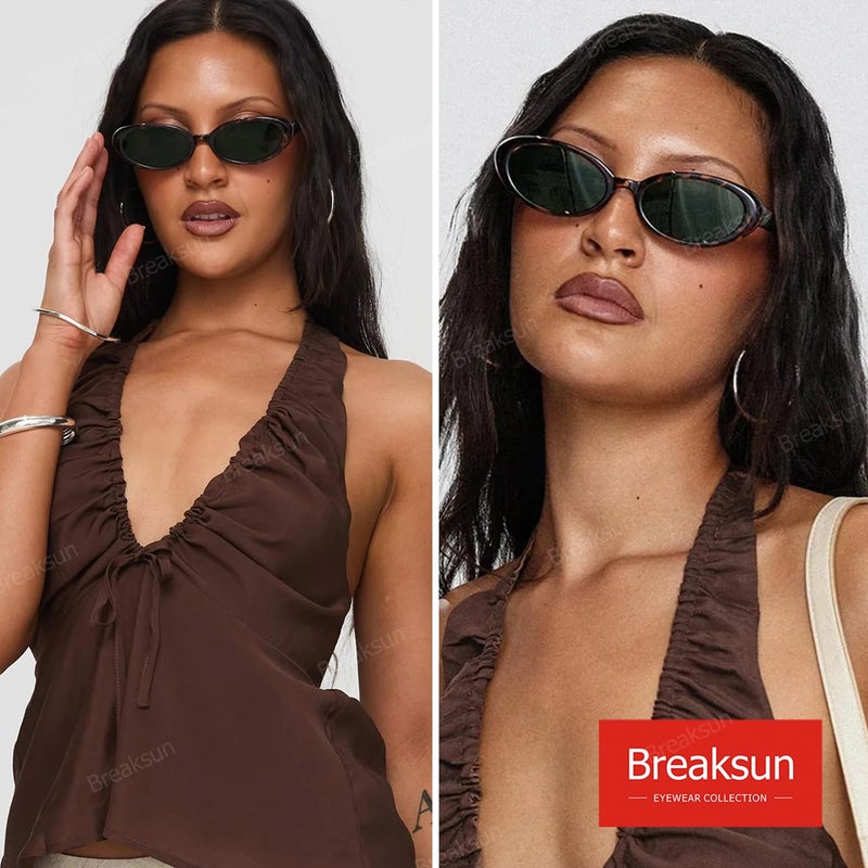 Breaksun Retro Oval Sunglasses for Women Men Fashion Small Oval Sunglasses 90s Vintage Shades (Black/Grey+ G15+ Brown Gradient) - Image 3