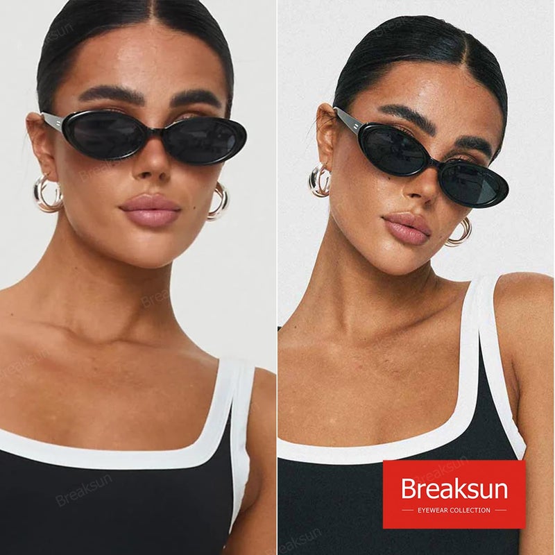Breaksun Retro Oval Sunglasses for Women Men Fashion Small Oval Sunglasses 90s Vintage Shades (Black/Grey+ G15+ Brown Gradient) - Image 2