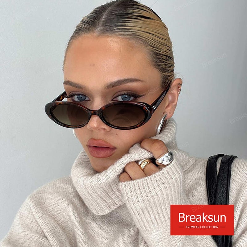 Breaksun Retro Oval Sunglasses for Women Men Fashion Small Oval Sunglasses 90s Vintage Shades (Black/Grey+ G15+ Brown Gradient) - Image 4