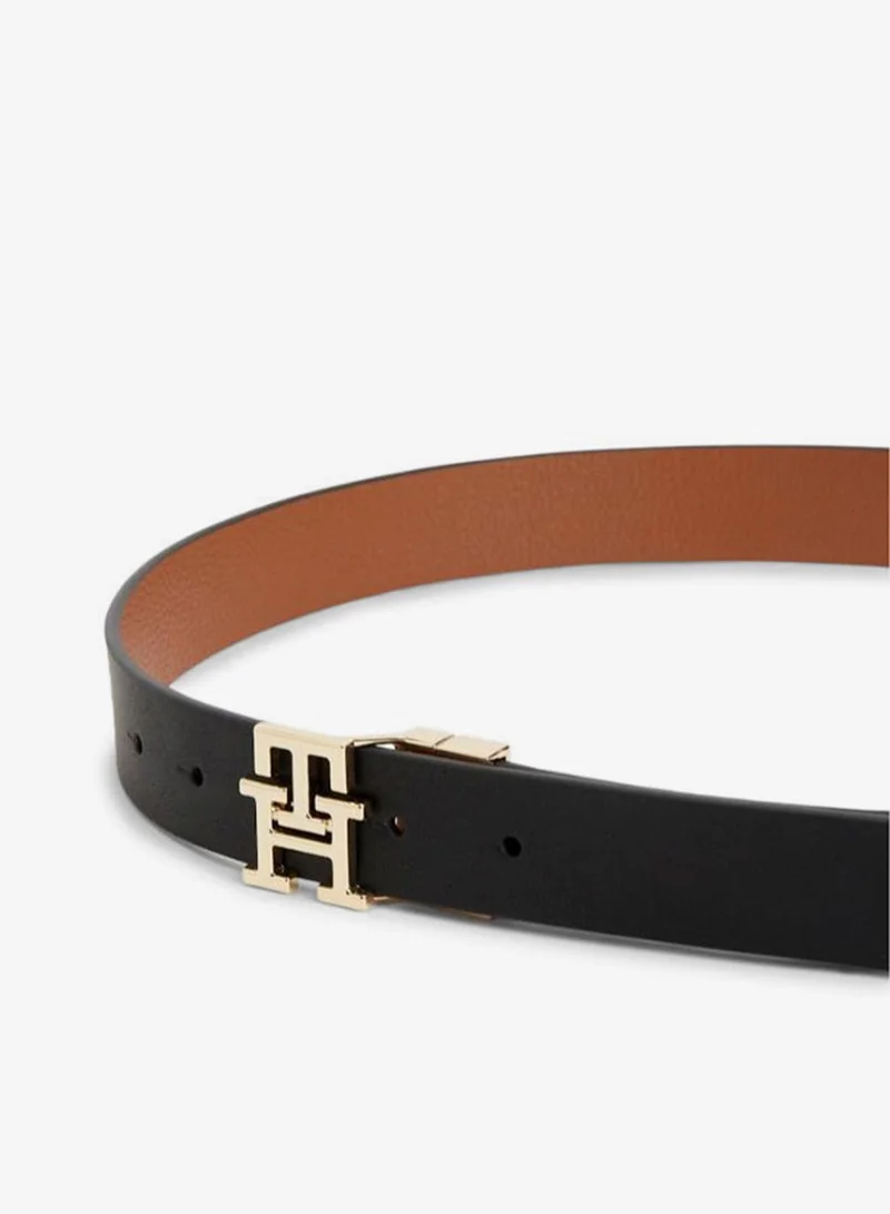 Tommy Hilfiger Black/ Cognac TH Monogram Plaque Buckle Reversible Leather Belt for Women | Best Price UAE