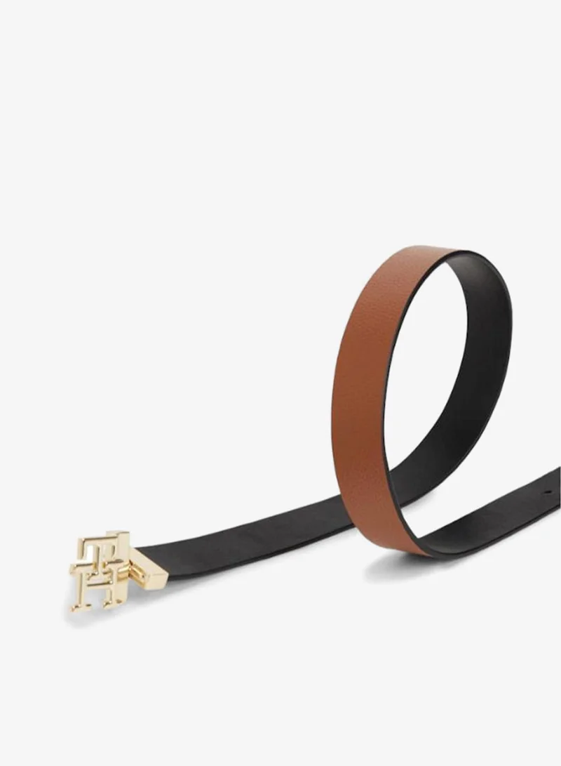 Tommy Hilfiger Black/ Cognac TH Monogram Plaque Buckle Reversible Leather Belt for Women | Best Price UAE