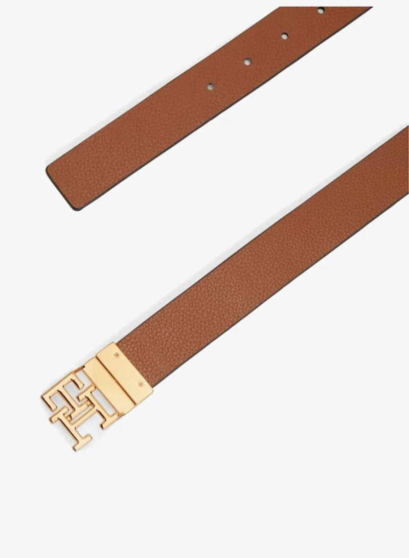 Tommy Hilfiger Black/ Cognac TH Monogram Plaque Buckle Reversible Leather Belt for Women | Best Price UAE