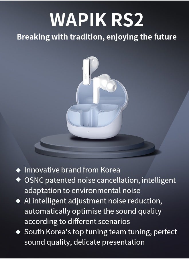 WAPIK - Korean Brand RS2 True Wireless Earpods, 6 Mics Hybrid ANC with AI Wind Noise Reduction, -42dB Noise Cancelling, Transparency Mode, Normal Mode, ANC Mode, 30-Hour Battery Life, Bluetooth 5.4, IPX5 Waterproof, Powerful Bass, Light Blue - Image 1