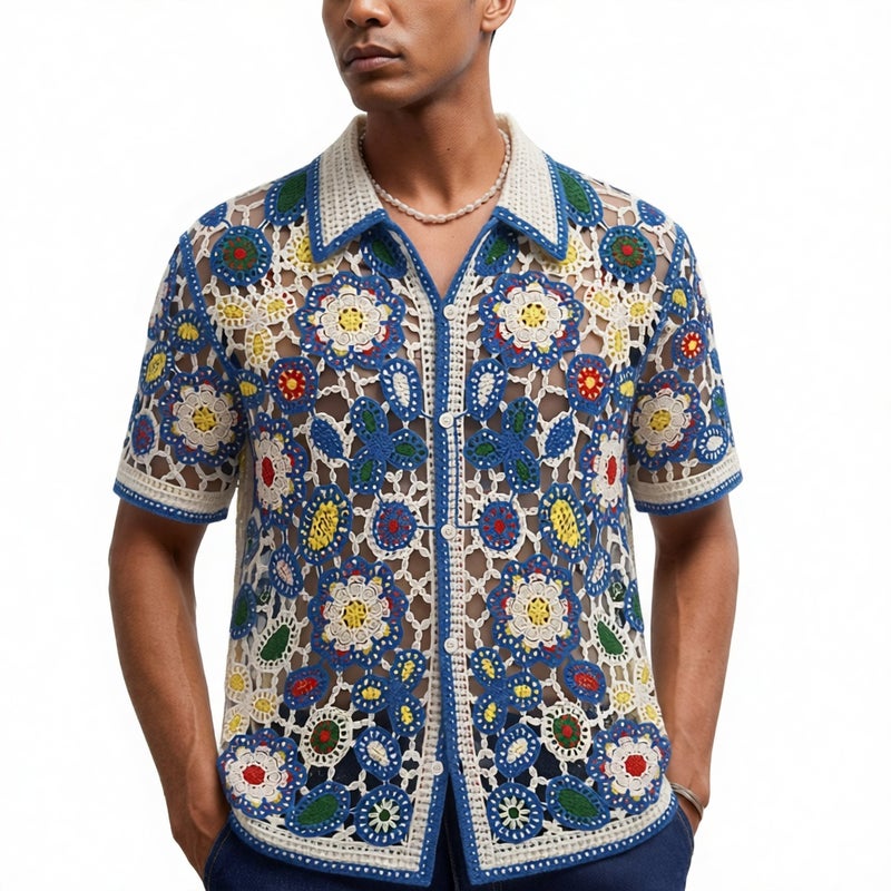 Mens Knitted Polo Shirt with Hollow Out Design, Short Sleeve Cardigan, Bohemian Style Casual Top