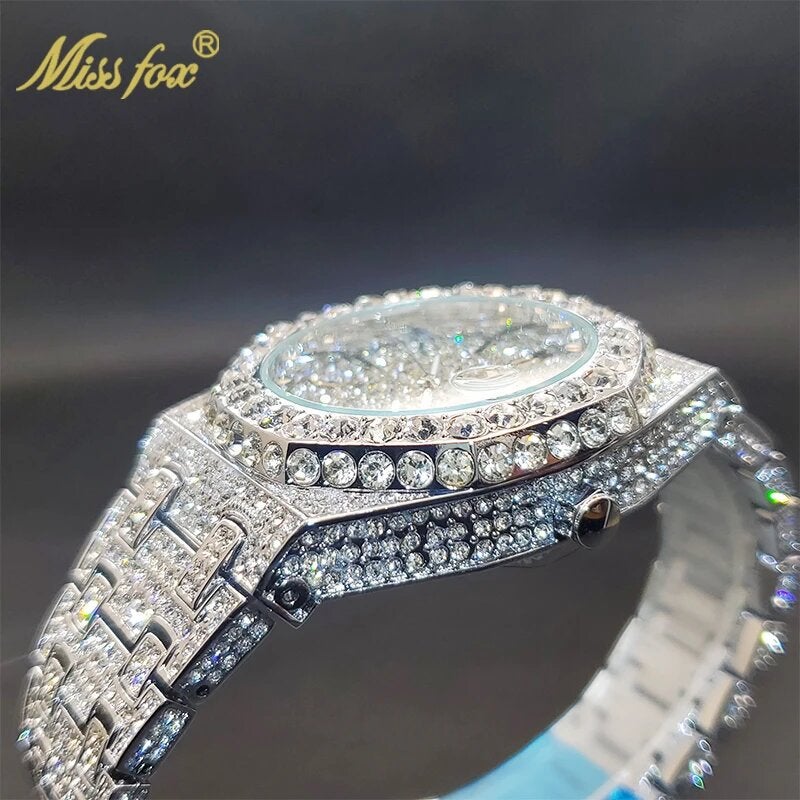 MISS FOX Men's Quartz Watch with Luminous Hands and Date Display Waterproof 43mm Octagonal Stainless Steel Case with Rhinestone Decor - Image 2