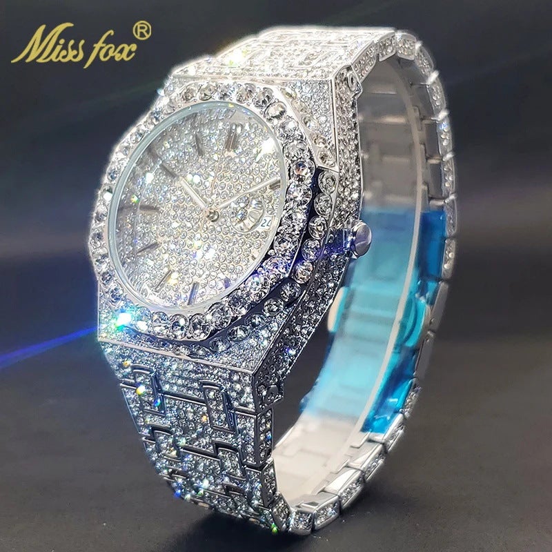 MISS FOX Men's Quartz Watch with Luminous Hands and Date Display Waterproof 43mm Octagonal Stainless Steel Case with Rhinestone Decor - Image 1