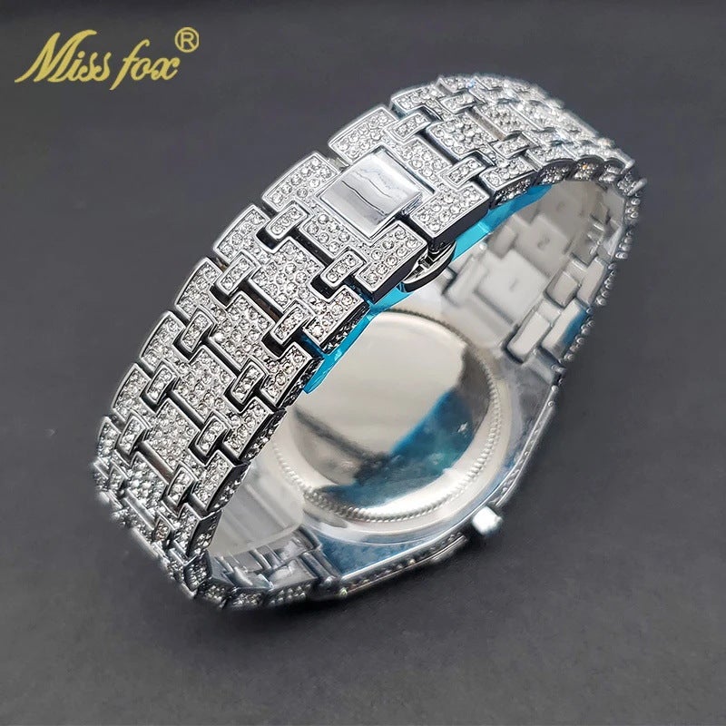MISS FOX Men's Quartz Watch with Luminous Hands and Date Display Waterproof 43mm Octagonal Stainless Steel Case with Rhinestone Decor - Image 3