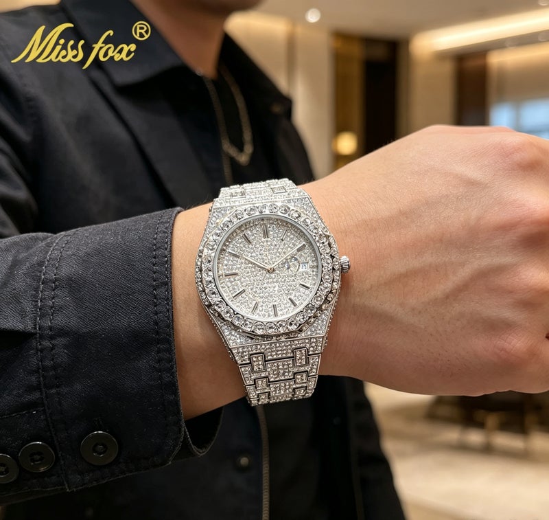 MISS FOX Men's Quartz Watch with Luminous Hands and Date Display Waterproof 43mm Octagonal Stainless Steel Case with Rhinestone Decor - Image 5