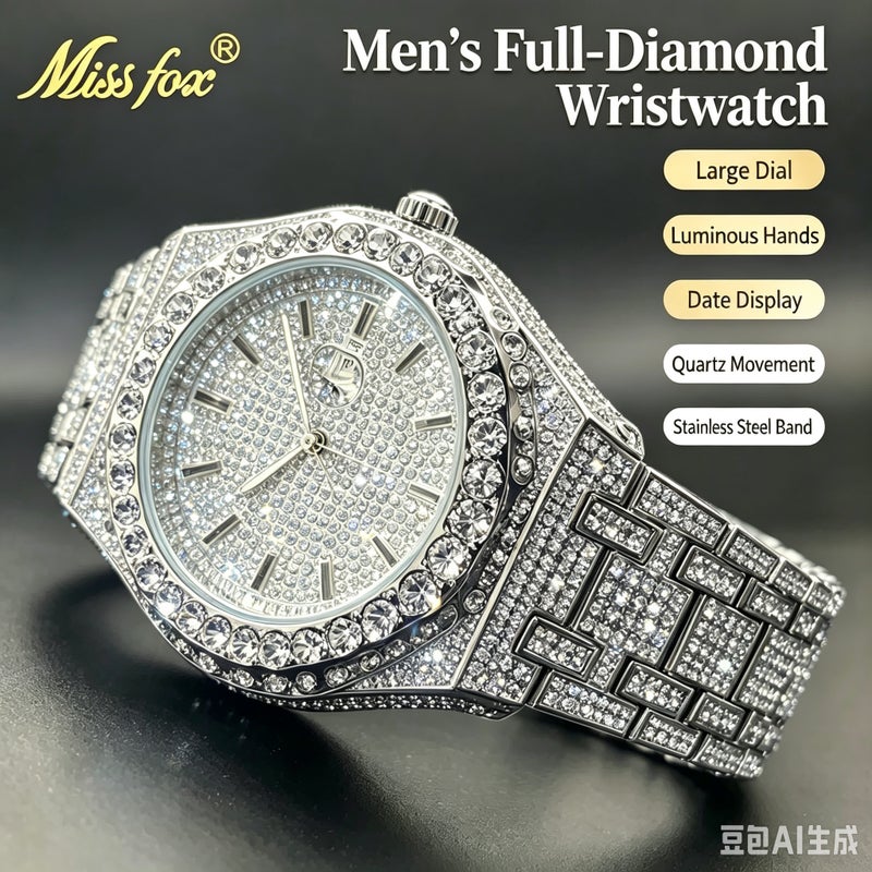 MISS FOX Men's Quartz Watch with Luminous Hands and Date Display Waterproof 43mm Octagonal Stainless Steel Case with Rhinestone Decor - Image 4