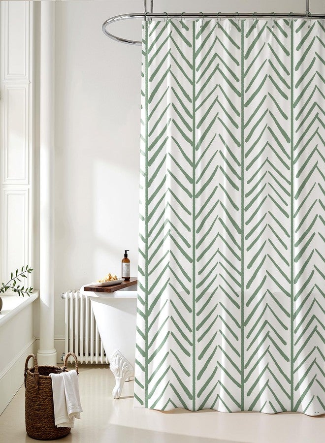 Treory Printed Shower Curtain Set: Green Bamboo Forest Fine Herringbone Pattern Shower Curtain, Modern Geometric Waterproof Fabric, Bohemian Bathtub Bathroom Decorations Home with Hooks, 72" x 72" - Image 1