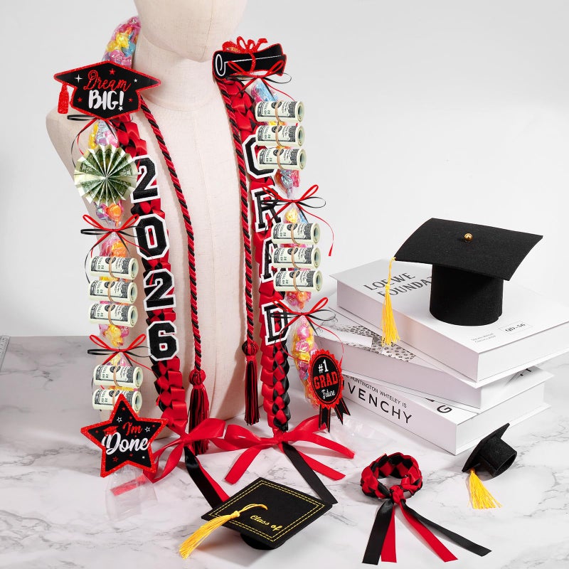 LUYI 18 Pcs Graduation Leis 2025 Graduation Candy Lei Kit Class of 2025 Graduation Ribbon Double Lei Necklace Graduation Gift Party Accessories for Women Men(Red,Black) - Image 5