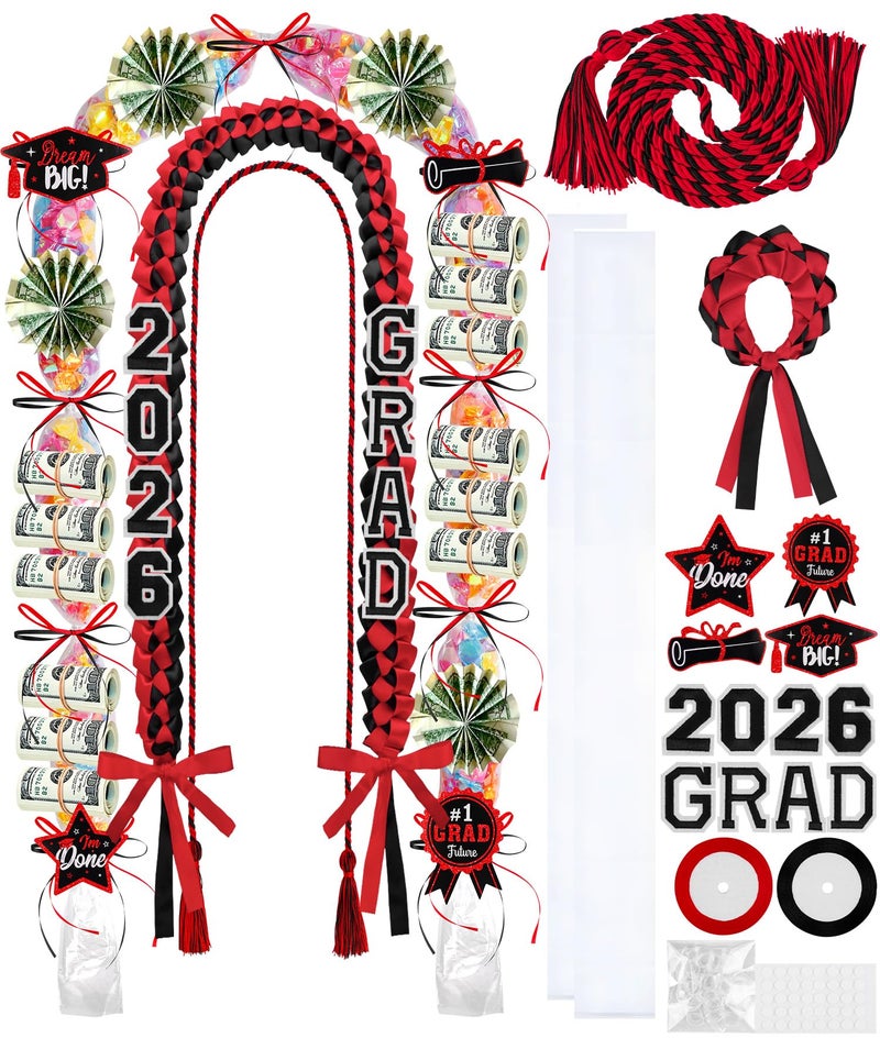 LUYI 18 Pcs Graduation Leis 2025 Graduation Candy Lei Kit Class of 2025 Graduation Ribbon Double Lei Necklace Graduation Gift Party Accessories for Women Men(Red,Black) - Image 1
