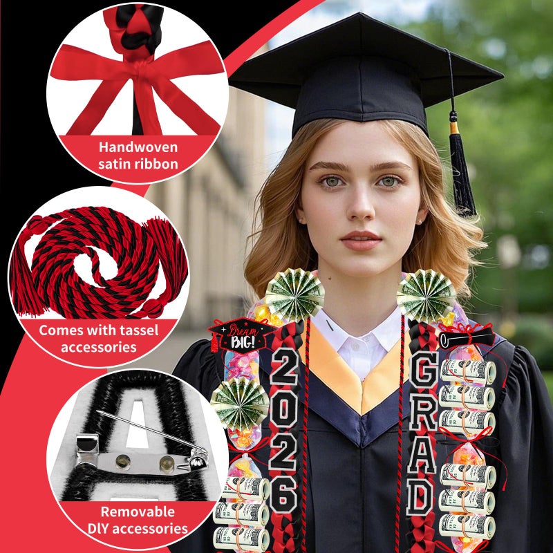 LUYI 18 Pcs Graduation Leis 2025 Graduation Candy Lei Kit Class of 2025 Graduation Ribbon Double Lei Necklace Graduation Gift Party Accessories for Women Men(Red,Black) - Image 4