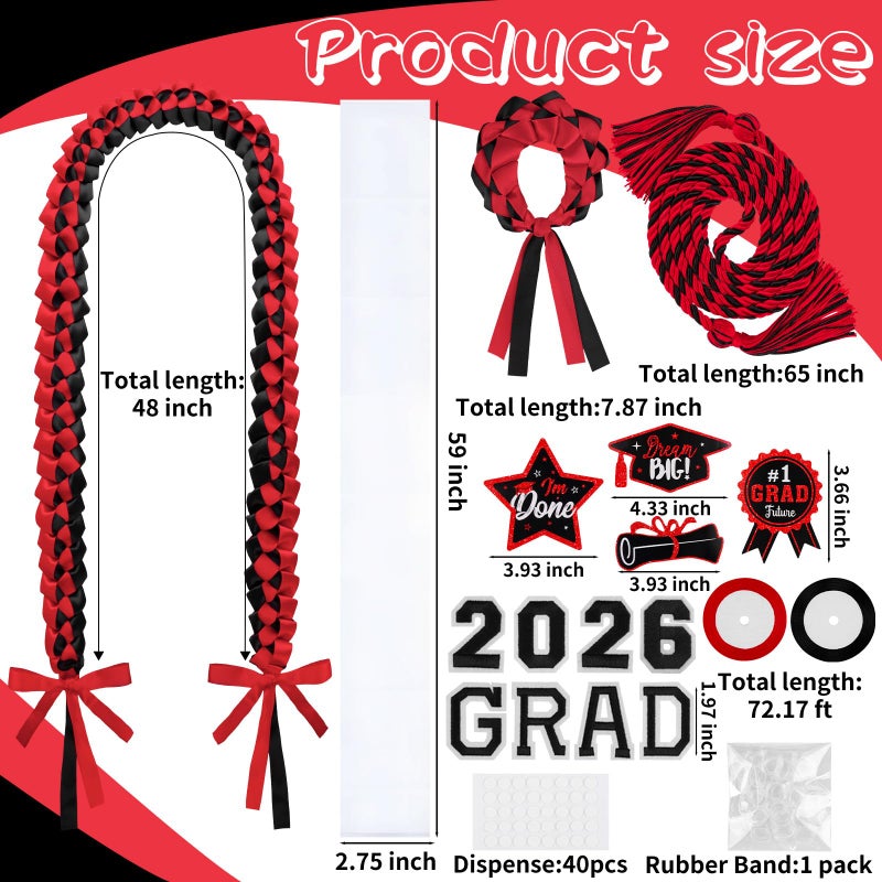 LUYI 18 Pcs Graduation Leis 2025 Graduation Candy Lei Kit Class of 2025 Graduation Ribbon Double Lei Necklace Graduation Gift Party Accessories for Women Men(Red,Black) - Image 2