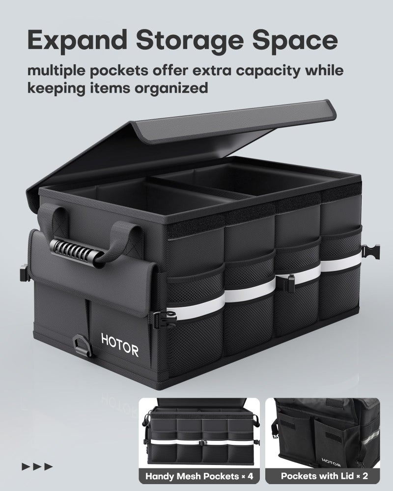 HOTOR Car Trunk Organizer - Foldable Trunk Organizer for SUV, Car Storage with Reflective Strips & Securing Cover, Large Capacity Car Accessories for Truck, Van & Sedan, Black, 24.4" x 13.8" x 11.0" - Image 2