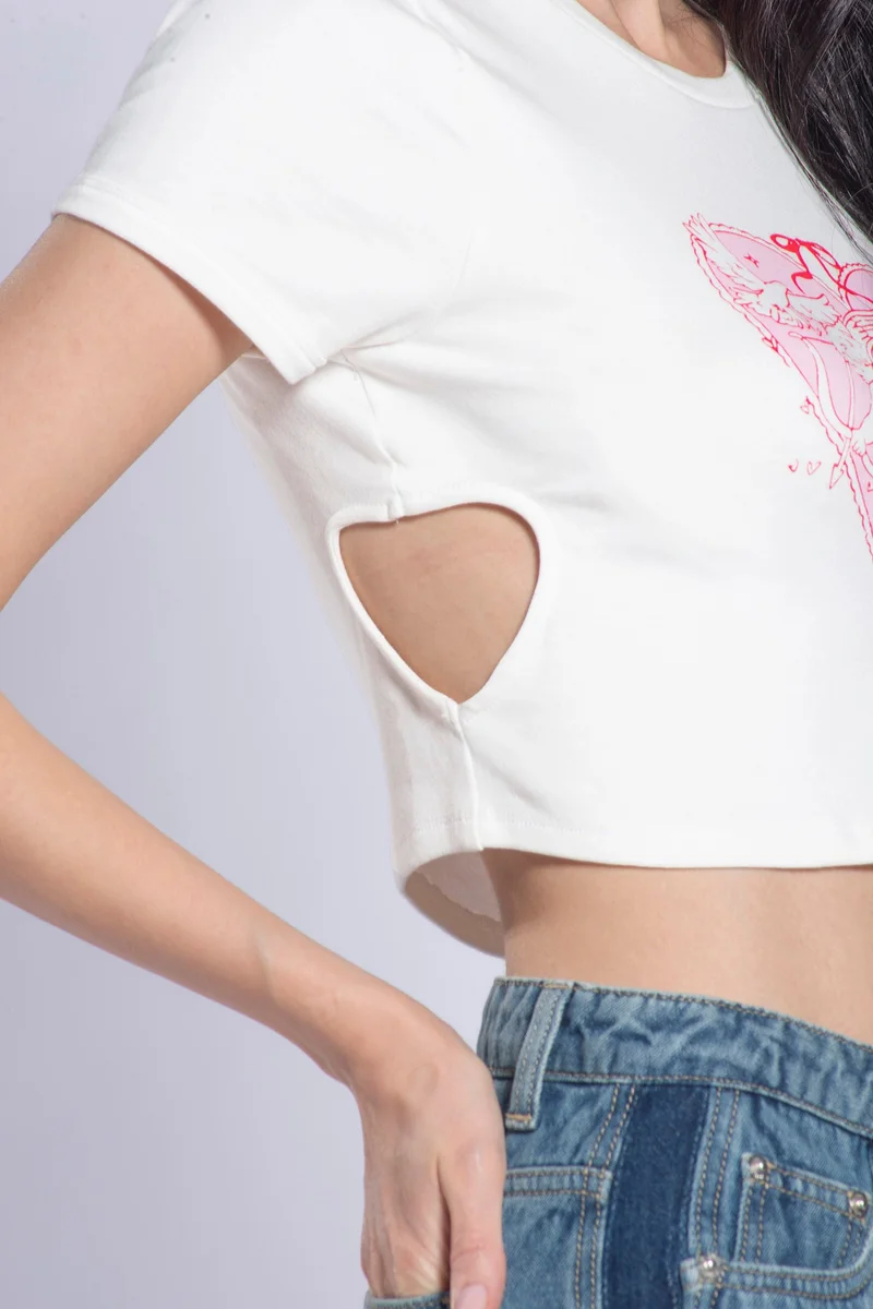 Virgio VIRGIO 100% Cotton Heart Cutout Cropped T-Shirt