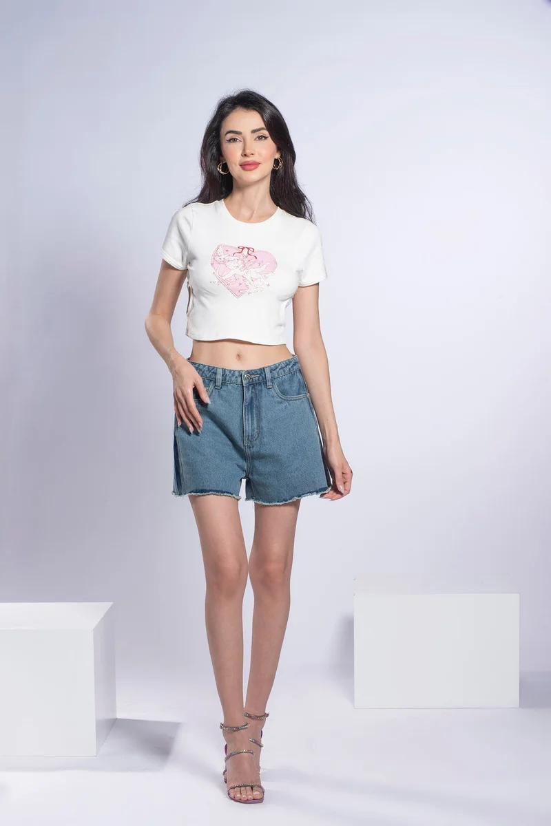 Virgio VIRGIO 100% Cotton Heart Cutout Cropped T-Shirt