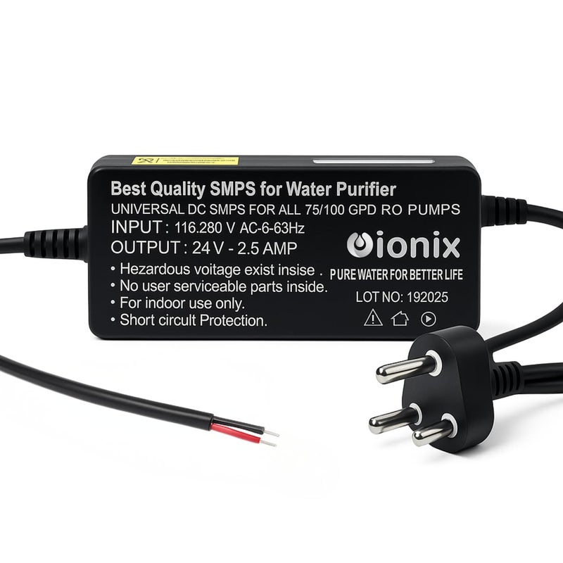 IONIX SMPS 24V 2.5A Power Supply Adapter for RO Water Purifier | 2 Years Warranty | Compatible with 75/100 GPD RO Pumps | Universal Input 110-280V | Short Circuit Protection | High Efficiency - Image 1