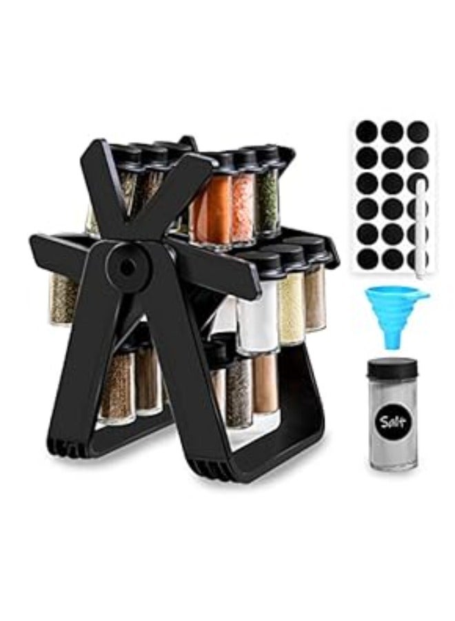 Organize your kitchen in style with an 18-piece rotating spice rack set, featuring glass jars and a foldable funnel for easy filling and transport. Perfect for keeping your spices fresh and your countertop tidy, this set combines functionality with sleek design. - Image 1