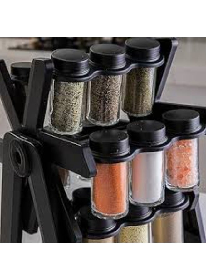 Organize your kitchen in style with an 18-piece rotating spice rack set, featuring glass jars and a foldable funnel for easy filling and transport. Perfect for keeping your spices fresh and your countertop tidy, this set combines functionality with sleek design. - Image 3