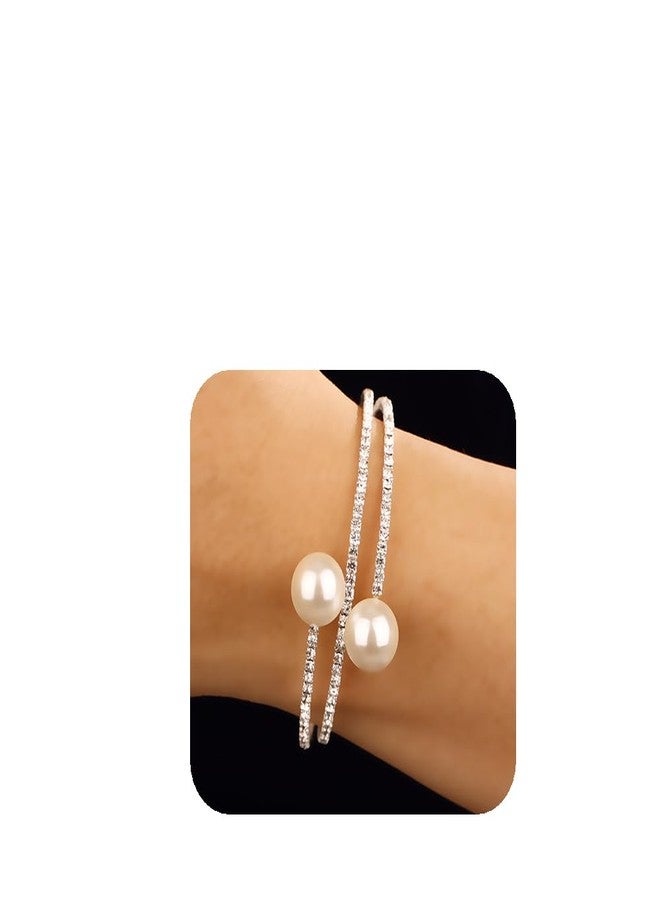 YERTTER 3-Row Faux Pearl Silver Full Rhinestone Crystal Open Bangle Bracelet Tennis Chain Cuff 1920s Cuff Bridal Bangle Bracelet Wedding Jewelry Gift for Women (Style C-Silver) - Image 1
