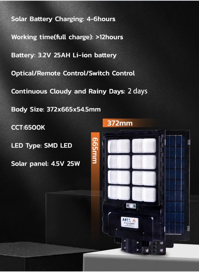 MODI Solar LED Street Light 665×372mm Bright White | SMD LED Outdoor Light with Remote & Sensor Control | IP65 Waterproof Solar Security Lamp for Street, Yard, Garden, Parking | 25W Solar Panel & 12H Dusk-to-Dawn Lighting - Image 3