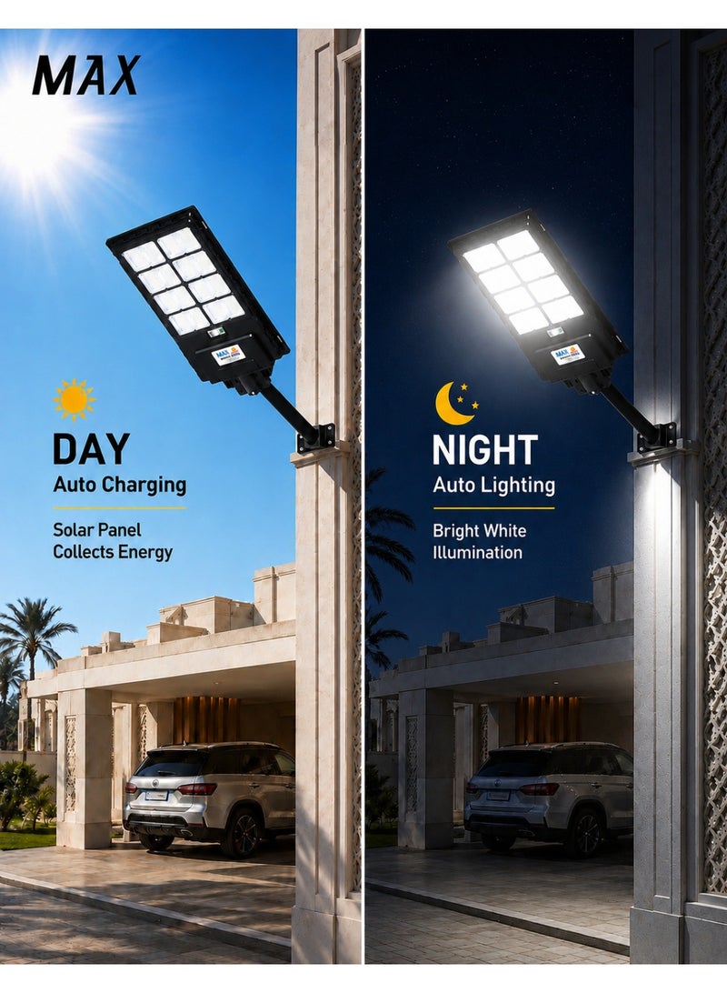 ماكس مصباح شارع LED يعمل بالطاقة الشمسية، إضاءة بيضاء ساطعة بتقنية SMD، مقاوم للماء بمعيار IP65، جهاز تحكم عن بُعد، مستشعر حركة، إضاءة تلقائية من الغروب حتى الفجر لأكثر من 12 ساعة، مناسب للفلل والحدائق والممرات ومواقف السيارات والساحات - Image 2