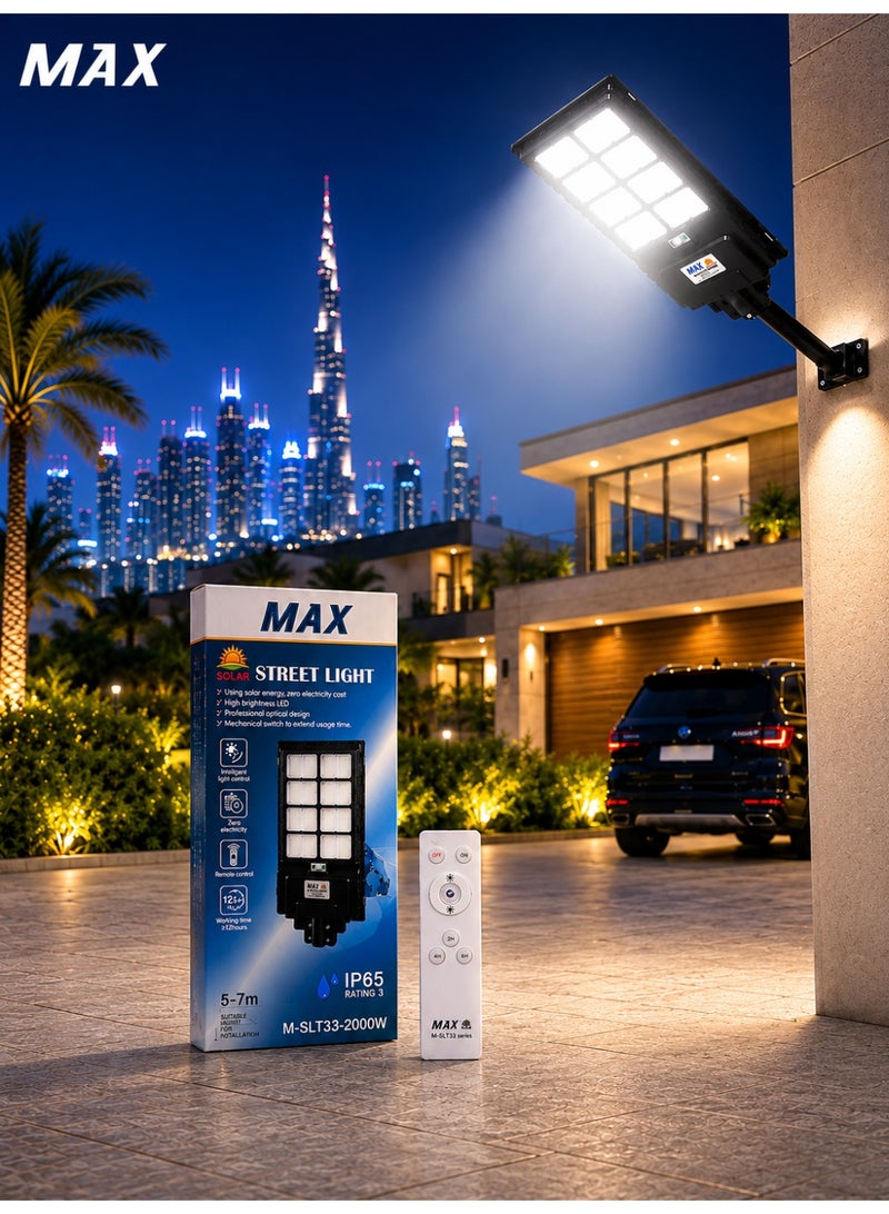ماكس مصباح شارع LED يعمل بالطاقة الشمسية، إضاءة بيضاء ساطعة بتقنية SMD، مقاوم للماء بمعيار IP65، جهاز تحكم عن بُعد، مستشعر حركة، إضاءة تلقائية من الغروب حتى الفجر لأكثر من 12 ساعة، مناسب للفلل والحدائق والممرات ومواقف السيارات والساحات - Image 1