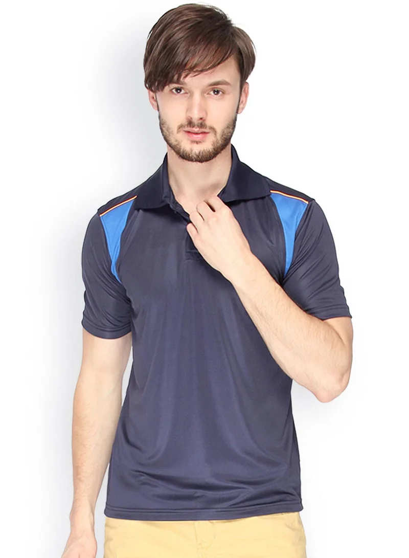 Men's Steel Blue Angled-Block Activewear Polo T-Shirt