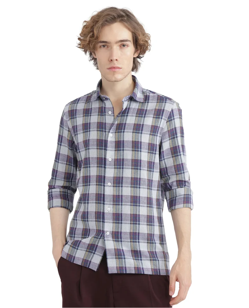 Rare Rabbit Rare Rabbit Men's Yanda Grey Cotton Fabric Full Sleeve Regular Fit Graphic Back Print Checks Shirt