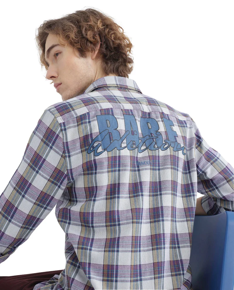 Rare Rabbit Rare Rabbit Men's Yanda Grey Cotton Fabric Full Sleeve Regular Fit Graphic Back Print Checks Shirt