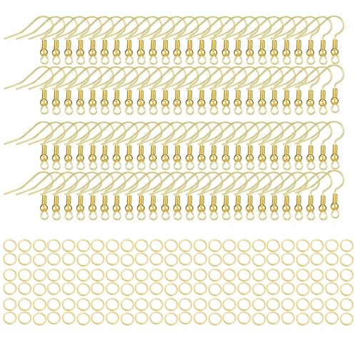Tdas 100 Piece Earring Hooks and 100 Piece Open Jump Rings Jewellery Making kit Back Connects for DIY Jewelry Making Chain Necklace Bracelet findings Fasteners Art & Craft (Golden) - Image 1