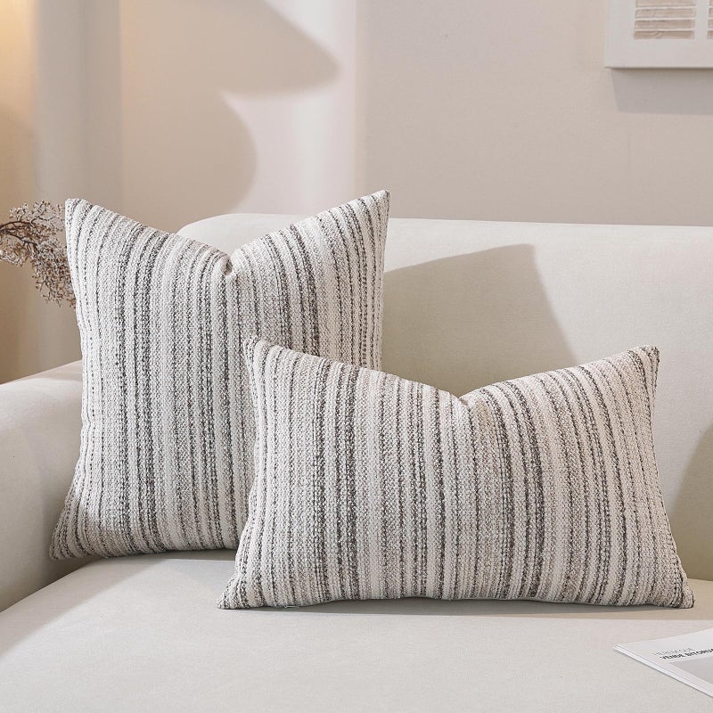 QDTTSRY Chenille Throw Decorative Pillow Covers 18x18 Set of 2, Textured Striped Boho Couch Pillow Covers, Cozy Neutral Farmhouse Cushion Cover for Couch Sofa Bedroom Living Room, Colorful Coffee - Image 2