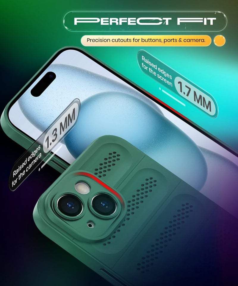 WOW IMAGINE Ultimate Silicone Back Cover Case for iPhone 15 | Heat Dissipation Thin Soft TPU | 360° Camera Protection | Breathable Cooling Holes – Forest Green - Image 5
