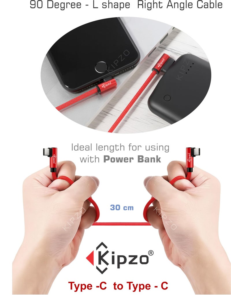 KIPZO® Red Type C to Type C Nylon braided 90 Degree right angle L shape USB-C small Data cable Fast Charging dash warp mini short power bank for samsung oneplus 60W s22 fold flip M34 max 15 16 4a - Image 2