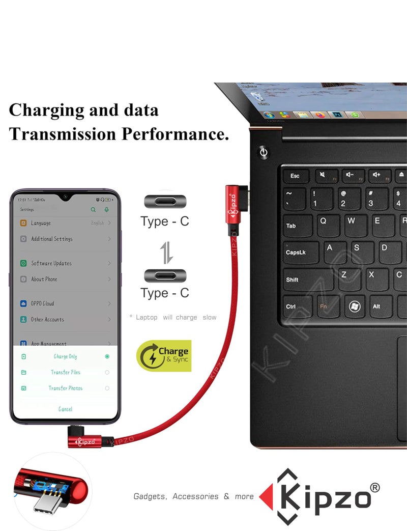 KIPZO® Red Type C to Type C Nylon braided 90 Degree right angle L shape USB-C small Data cable Fast Charging dash warp mini short power bank for samsung oneplus 60W s22 fold flip M34 max 15 16 4a - Image 3