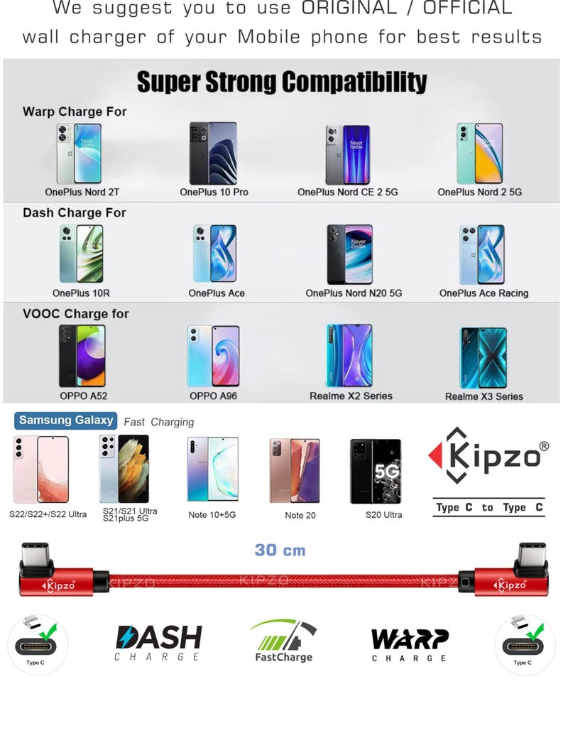 KIPZO® Red Type C to Type C Nylon braided 90 Degree right angle L shape USB-C small Data cable Fast Charging dash warp mini short power bank for samsung oneplus 60W s22 fold flip M34 max 15 16 4a - Image 4