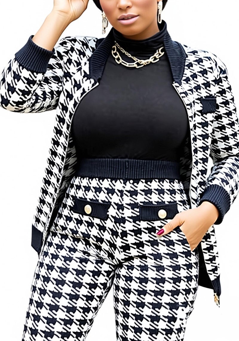 LKOUS Black Women's Wrinkle Resistant Houndstooth Pantsuit 2 Piece Blazer & Pants Business Set - Image 2