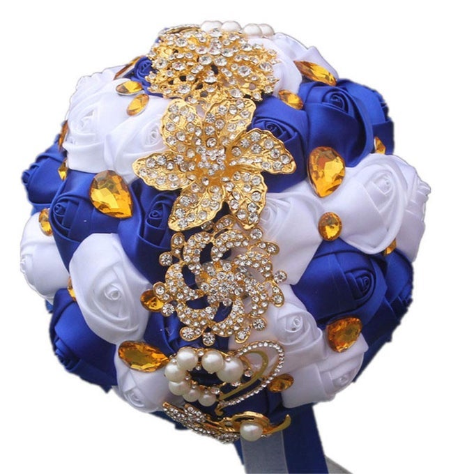BROOCH BOUQUET 7 BRIDE BRIDESMAID SATIN ROSE WEDDING BOUQUET WGOLD CRYSTAL BROOCHES CUSTOMMADE ARTIFICIAL FLORAL BOUQUET CENTERPIECE ARRANGEMENT ROYAL BLUE WHITE BOUQUET
