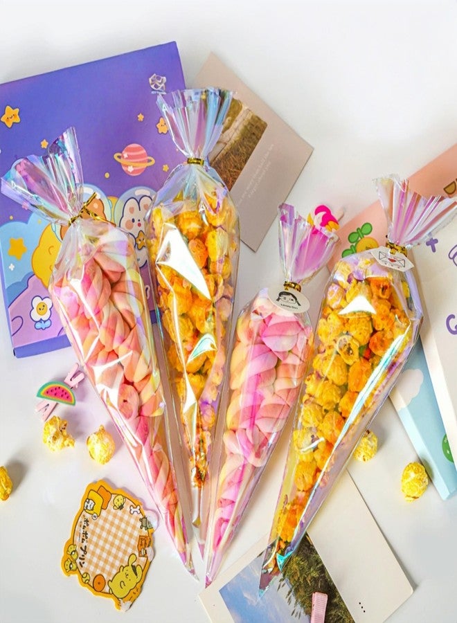 FERENLI 50 Pcs 6.1x10 inch Cone Shaped Iridescent Holographic Cellophane Treat Bags with Twist Ties Plastic Goodie Bags for Candy Popcorn Snack Birthday Party Favors Packaging (Iridescent Clear) - Image 5