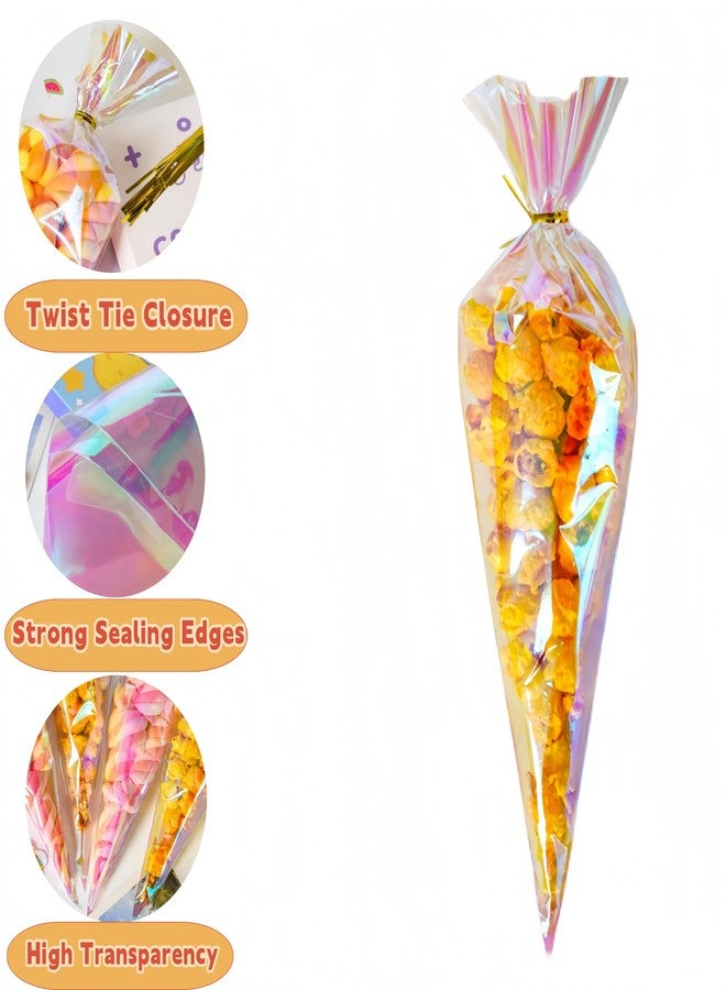 FERENLI 50 Pcs 6.1x10 inch Cone Shaped Iridescent Holographic Cellophane Treat Bags with Twist Ties Plastic Goodie Bags for Candy Popcorn Snack Birthday Party Favors Packaging (Iridescent Clear) - Image 3