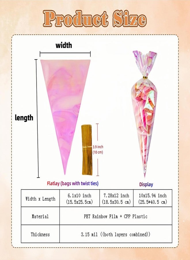 FERENLI 50 Pcs 6.1x10 inch Cone Shaped Iridescent Holographic Cellophane Treat Bags with Twist Ties Plastic Goodie Bags for Candy Popcorn Snack Birthday Party Favors Packaging (Iridescent Clear) - Image 2